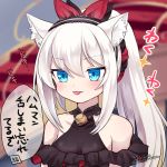  1girl animal_ear_fluff animal_ears azur_lane bangs bare_shoulders bell black_footwear black_hairband black_ribbon blue_eyes blurry blurry_background blush breasts cat_ears closed_mouth collarbone commentary_request covered_collarbone depth_of_field dress eyebrows_visible_through_hair hair_between_eyes hair_ribbon hairband hammann_(azur_lane) jingle_bell nanopai_kakumeikokonoyu ponytail red_ribbon ribbon signature silver_hair sleeveless sleeveless_dress small_breasts solo sparkle stairs tongue tongue_out translation_request twitter_username upper_body 
