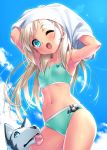  1girl 1other belka bikini blonde_hair blue_eyes blue_sky cloud collarbone commentary_request contrapposto cowboy_shot day dog fang flat_chest from_below green_bikini little_busters! long_hair midriff navel noumi_kudryavka one_eye_closed open_mouth outdoors shirt sky smile standing swimsuit undressing white_shirt zen 