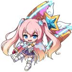  1girl :d angelic_buster bangs bare_shoulders blue_eyes boots brown_hair eyebrows_visible_through_hair fang full_body gloves glowing gradient_hair hair_between_eyes hair_ornament holding holding_hammer long_hair looking_at_viewer maplestory multicolored_hair nekono_rin open_mouth pink_hair pleated_skirt purple_skirt shirt simple_background skirt sleeveless sleeveless_shirt smile solo star_(symbol) thighhighs thighhighs_under_boots transparent_wings two-handed two_side_up very_long_hair white_background white_footwear white_gloves white_legwear white_shirt 