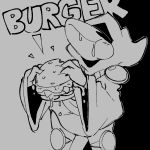 1:1 ambiguous_gender animal_mask beak_mask black_and_white blush burger clothing digital_media_(artwork) eating english_text food humanoid mask monochrome plague_doctor plague_knight robe simple_background solo squishy_(artist) text unknown_species 