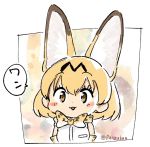  1girl :3 animal_ear_fluff animal_ears artist_name bangs blonde_hair blush_stickers bow bowtie brown_eyes commentary extra_ears hair_between_eyes kemono_friends looking_at_viewer panzuban print_bow print_neckwear serval_(kemono_friends) serval_ears serval_print short_hair solo speech_bubble translated twitter_username 