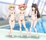  3girls bangs barefoot bikini blonde_hair blue_eyes blue_ribbon blunt_bangs breasts brown_bikini brown_eyes brown_hair clenched_teeth closed_mouth drill_hair fairy_wings full_body hair_ribbon indoors long_hair looking_at_viewer luna_child multiple_girls navel ootsuki_wataru orange_hair pool red_bikini rei_no_pool ribbon short_hair small_breasts smile standing star_sapphire sunny_milk swimsuit teeth touhou twintails white_bikini wings yellow_eyes 