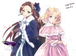  2girls blonde_hair blue_bow blue_eyes bow cake_no_shaberu dress flower gloves hair_bow hair_flower hair_ornament highres jewelry katarina_claes long_hair maria_campbell multiple_girls otome_game_no_hametsu_flag_shika_nai_akuyaku_reijou_ni_tensei_shite_shimatta smile 