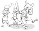  2017 anthro bottomwear bovid buckteeth canid canine caprine clothed clothing dawn_bellwether disney fox fully_clothed fur group judy_hopps lagomorph leporid mammal monochrome necktie nick_wilde open_mouth open_smile pants rabbit red_fox secoh2000 sheep shirt simple_background sketch smile teeth topwear white_background wool_(fur) zootopia 