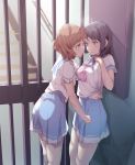  2girls absurdres aotsuki_kaoru black_hair blue_skirt blush brown_eyes brown_hair gate hand_on_own_chest hibike!_euphonium highres holding_hands huge_filesize kitauji_high_school_uniform kousaka_reina long_hair looking_at_another multiple_girls neckerchief oumae_kumiko pink_neckwear purple_eyes school_uniform serafuku short_hair short_sleeves skirt stairs yuri 