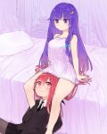  13o 2girls bat_wings between_legs between_thighs blue_ribbon blush bow breasts crescent crescent_hair_ornament dress frilled_dress frills hair_ornament hat head_wings highres koakuma lingerie long_hair mob_cap multiple_girls negligee patchouli_knowledge purple_eyes purple_hair red_eyes red_hair red_ribbon ribbon striped striped_dress touhou underwear very_long_hair wings 