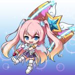  1girl :d angelic_buster bangs bare_shoulders blue_background blue_eyes boots brown_hair commentary_request eyebrows_visible_through_hair fang full_body gloves glowing gradient gradient_background gradient_hair hair_between_eyes hair_ornament holding holding_hammer long_hair looking_at_viewer maplestory multicolored_hair nekono_rin open_mouth pink_hair pleated_skirt purple_background purple_skirt shirt skirt sleeveless sleeveless_shirt smile solo sparkle_background star_(symbol) thighhighs thighhighs_under_boots transparent_wings two-handed two_side_up very_long_hair white_footwear white_gloves white_legwear white_shirt 