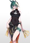  1girl bare_shoulders black_dress blue_eyes breasts china_dress chinese_clothes covered_navel cowboy_shot dress gradient gradient_background green_hair highres holding in_mouth large_breasts leg_garter looking_at_viewer ofuda pochi_(pochi-goya) shaman_king short_hair simple_background smile solo talisman tao_jun thighs 