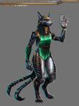  2_tails 6_fingers absurd_res alien ambiguous_gender anthro armband armor athavan bottomwear canid canine canis carmen_ghia clothing fingers fur grey_background head_tails headgear helmet hi_res mammal multi_tail neck_rings out_of_the_dark pants shongairi simple_background sleeveless_shirt solo standing tailband wolf 