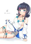  1girl absurdres bangs bare_shoulders black_hair blue_eyes blue_ribbon blush breasts collarbone dress fate/grand_order fate/requiem fate_(series) fundoshi gouka hair_ornament highres japanese_clothes jewelry large_breasts long_sleeves magatama magatama_hair_ornament medium_hair multicolored_hair necklace oppai_loli panties pelvic_curtain puffy_long_sleeves puffy_sleeves red_hair ribbon short_dress sideboob sideless_outfit sidelocks sitting streaked_hair thighs two-sided_skirt underwear utsumi_erise white_dress 
