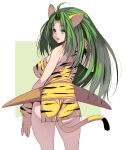 1girl ahoge alternate_breast_size animal_ears animal_print ass blue_eyes boomerang breasts cham_cham contrapposto covered_nipples dress from_behind gloves green_hair highres large_breasts long_hair masao microdress no_panties paw_gloves paws samurai_spirits side_slit solo standing tail tiger_ears tiger_girl tiger_paws tiger_print tiger_tail weapon weapon_on_back 