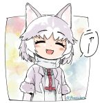  1girl :d ^_^ animal_ears artist_name blush_stickers closed_eyes commentary dog_(mixed_breed)_(kemono_friends) dog_ears facing_viewer fang fur-trimmed_sleeves fur_trim grey_hair harness jacket kemono_friends open_clothes open_jacket open_mouth panzuban short_hair smile solo speech_bubble translation_request twitter_username upper_body white_hair 