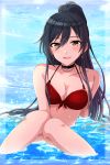  1girl bangs bare_shoulders bikini black_hair blush breasts choker cleavage collarbone earrings hair_between_eyes high_ponytail highres idolmaster idolmaster_shiny_colors jewelry knees_up large_breasts long_hair looking_at_viewer open_mouth partially_submerged ponytail popon_ta red_bikini shirase_sakuya smile swimsuit thighs water wet yellow_eyes 