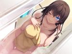  1girl ;) bangs bathroom bent_over black_hair blue_eyes blush breasts brown_hair brown_towel closed_mouth collarbone covered_nipples covering deep_skin dutch_angle eyebrows_visible_through_hair eyelashes fingernails hair_between_eyes hair_tucking hand_up highres impossible_towel indoors large_breasts leaning_forward long_hair looking_at_viewer nipple_slip nipples nude nude_cover one_breast_out one_eye_closed original sidelocks smile solo sparkle toothbrush towel umiharu 