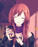  1girl bangs black_sweater blurry blurry_background brown_hair cellphone character_request closed_eyes earrings eyebrows_visible_through_hair facing_viewer gocoli highres holding holding_phone idolmaster jewelry long_hair open_mouth phone plaid plaid_scarf purple_scarf scarf sidelocks smartphone smile solo sweater 