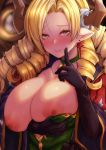  1girl bangs black_gloves blonde_hair blush breasts breasts_outside brown_eyes closed_mouth draph dress drill_hair earrings elbow_gloves gloves granblue_fantasy green_dress highres horns index_finger_raised jewelry large_breasts long_dress long_hair looking_at_viewer maria_theresa_(granblue_fantasy) parted_bangs quad_drills red_earrings robe smile sweat yude 