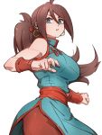  1girl alternate_color alternate_costume android_21 blue_eyes brown_hair chi-chi_(dragon_ball) chi-chi_(dragon_ball)_(cosplay) chinese_clothes cosplay dragon_ball dragon_ball_(classic) dragon_ball_fighterz earrings hair_between_eyes hoop_earrings jewelry kemachiku long_hair looking_at_viewer ponytail simple_background solo white_background 