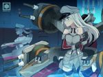  2girls absurdres anchor artist_logo bismarck_(kantai_collection) black_gloves blonde_hair breasts cannon capelet cowboy_shot detached_sleeves edel_(edelcat) gloves graf_zeppelin_(kantai_collection) grey_eyes hat highres kantai_collection large_breasts long_hair machinery military military_hat military_uniform multiple_girls peaked_cap sidelocks standing turret twintails uniform 