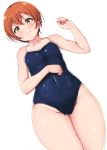  1girl :3 bangs bare_arms bare_shoulders blue_swimsuit blush breasts cameltoe closed_mouth collarbone competition_school_swimsuit covered_navel dutch_angle embarrassed fingernails furrowed_eyebrows hair_between_eyes hand_on_own_stomach highres hip_focus hoshizora_rin looking_at_viewer love_live! love_live!_school_idol_project one-piece_swimsuit orange_hair paw_pose raised_eyebrows school_swimsuit shinonon_(iso_shino) short_hair simple_background skin_tight skindentation small_breasts solo spaghetti_strap swimsuit thick_thighs thighs white_background yellow_eyes 