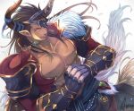  1boy abs aion_kiu bandages bara brown_hair chest dark_skin dark_skinned_male draph earrings eyepatch from_above fur_collar gachimuchi granblue_fantasy high_collar horns jewelry long_hair long_sleeves looking_at_viewer male_focus manly muscle open_clothes pants pectorals pointy_ears reinhardtzar revealing_clothes simple_background smile solo upper_body vambraces 