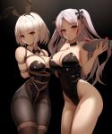  2girls absurdres animal_ears arms_behind_back azur_lane bare_shoulders bdsm black_background black_leotard blonde_hair bondage bound bow bowtie breast_bondage breasts brown_legwear bunny_ears bunny_girl bunnysuit cleavage cross cross_hair_ornament detached_collar entangled eyebrows_visible_through_hair fake_animal_ears finger_to_mouth gag grey_hair hair_between_eyes hair_ornament highleg highleg_leotard highres holding illumination iron_cross large_breasts leotard light_ray long_hair looking_at_viewer mimori_(etnp8853) multicolored_hair multiple_girls pantyhose playboy_bunny_leotard prinz_eugen_(azur_lane) red_hair restrained rope sex_toy shibari shibari_over_clothes short_hair simple_background sirius_(azur_lane) skindentation sleeveless strapless strapless_leotard thighband_pantyhose tied_up twintails 
