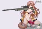  1girl :q ai_arctic_warfare animal_ears ass black_gloves bolt_action breasts brown_eyes brown_hair chili_pepper cleavage coffee commentary_request cup dateya_torahachi dog_ears dog_girl dog_tail english_text fingerless_gloves gloves gun hair_between_eyes hair_ornament hairclip heart highres holding holding_gun holding_weapon hololive inugami_korone jacket long_hair purple_legwear rifle sitting smile sniper_rifle socks solo tail tongue tongue_out virtual_youtuber weapon 