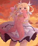  1girl absurdres arms_up blonde_hair breasts cloud cloudy_sky detached_sleeves dress fate/kaleid_liner_prisma_illya fate_(series) floating_hair gloves highres illyasviel_von_einzbern long_hair looking_at_viewer open_mouth orange_sky outdoors pink_dress prisma_illya red_eyes sky small_breasts smile solo standing white_gloves yellow_neckwear z_loader 