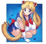  1girl absurdres alternate_breast_size bishoujo_senshi_sailor_moon blonde_hair blue_eyes breasts choker cleavage commentary_request covered_nipples drill_hair elbow_gloves gloves hair_bobbles hair_ornament heart heart_choker highres huge_breasts long_hair looking_at_viewer mogudan parted_lips puffy_nipples sailor_moon sailor_moon_redraw_challenge seiza sitting skirt solo thick_thighs thighs torn_clothes torn_skirt tsukino_usagi twin_drills very_long_hair white_gloves 