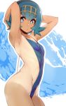  1girl absurdres armpits arms_up bangs blue_hair blue_swimsuit blush bright_pupils casual_one-piece_swimsuit flat_chest from_side hair_ornament highres looking_at_viewer looking_to_the_side one-piece_swimsuit pokemon pokemon_(game) pokemon_sm profile shiny shiny_hair shiny_skin short_hair slugbox solo standing suiren_(pokemon) swimsuit tan tanline trial_captain 