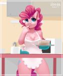  2020 anthro apron apron_only blurred_background breasts cherry chest_tuft clothing cutie_mark digital_media_(artwork) equid equine eyebrows eyelashes female food friendship_is_magic front_view fruit iloota inside kitchen mammal mostly_nude my_little_pony pinkie_pie_(mlp) plant smile solo tuft 