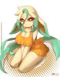  anthro breasts cleavage clothed clothing dipstick_ears eeveelution female fully_clothed kneeling leafeon looking_at_viewer multicolored_ears nintendo orange_sclera pok&eacute;mon pok&eacute;mon_(species) rilex_lenov simple_background solo video_games 