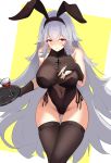  1girl absurdres animal_ears ass_visible_through_thighs azur_lane bare_shoulders black_legwear black_swimsuit blush breasts bridal_gauntlets brown_legwear bunny_ears casual_one-piece_swimsuit fake_animal_ears graf_zeppelin_(azur_lane) graf_zeppelin_(beachside_urd)_(azur_lane) highleg highleg_leotard highres impossible_clothes impossible_swimsuit iron_cross large_breasts leotard long_hair navel_cutout one-piece_swimsuit pantyhose red_eyes see-through silver_hair skindentation swimsuit thighhighs very_long_hair wjn-rance 