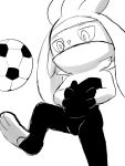  2020 3:4 3_toes anthro ball big_eyes biped black_and_white clothed clothing digital_media_(artwork) eyebrows fully_clothed lagomorph long_ears male mammal monochrome nintendo pok&eacute;mon pok&eacute;mon_(species) raboot simple_background soccer_ball solo toes video_games white_background winick-lim 