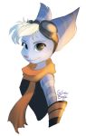  anthro blue_body blue_eyes blue_fur clothing eyewear female fur gloves goggles goggles_on_head handwear head_tuft hi_res lombax looking_at_viewer mammal ratchet_and_clank rift_apart_lombax scarf selinaeagle simple_background solo tuft video_games white_background white_body white_fur 