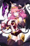  1girl bare_shoulders bell black_gloves black_legwear blush breasts cleavage demon_girl demon_tail demon_wings elbow_gloves garter_straps gloves highres horns jingle_bell large_breasts lilith_(soccer_spirits) long_hair looking_at_viewer pink_hair pointy_ears shorts smile snowball22 soccer_spirits solo tail thighhighs underwear wings 