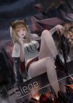  1girl absurdres animal_ears arknights bare_legs black_choker black_footwear black_jacket black_nails blonde_hair breasts candy character_name choker city cleavage cloud cloudy_sky commentary dutch_angle english_commentary eyebrows_visible_through_hair food full_body fur-trimmed_jacket fur_trim hand_on_hilt highres holding_lollipop jacket jacket_on_shoulders knee_up leather leather_jacket lion lion_ears lion_tail lollipop long_hair looking_at_viewer me/r medium_breasts mixed-language_commentary nail_polish night open_mouth originium_(arknights) outdoors ponytail red_shorts shoes short_shorts shorts siege_(arknights) sitting sky sledgehammer sleeveless solo studded_choker tail tank_top thighs white_tank_top yellow_eyes 