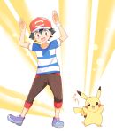  1boy arms_up baseball_cap black_hair brown_eyes brown_shorts gen_1_pokemon hat kanji mei_(maysroom) mimicry open_mouth pikachu pokemon pokemon_(anime) pokemon_sm_(anime) satoshi_(pokemon) shirt shoes shorts sneakers spiked_hair striped striped_shirt tagme z-ring 