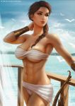  1girl arrow_(projectile) assassin&#039;s_creed:_odyssey assassin&#039;s_creed_(series) bow_(weapon) bracer braid breasts brown_hair cleavage cloud commentary day hair_over_shoulder hand_on_own_neck highres kassandra_of_sparta long_hair looking_to_the_side navel parted_lips patreon_username scar single_braid sky solo teeth toned underboob water watermark weapon web_address yupachu 