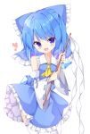  1girl alternate_color blue_eyes blue_hair blue_skirt blue_vest bow cirno contrapposto cosplay cowboy_shot cravat detached_sleeves eyebrows_visible_through_hair fang gohei hair_between_eyes hair_bow hakurei_reimu hakurei_reimu_(cosplay) head_tilt heart highres holding kuraaken light_blush looking_at_viewer open_mouth petticoat player_2 ribbon-trimmed_sleeves ribbon_trim short_hair simple_background skirt solo standing thighhighs touhou vest white_background white_legwear yellow_neckwear 