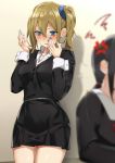  2girls anger_vein bangs black_dress black_hair blonde_hair blue_eyes blue_scrunchie blush breasts collared_dress dress hair_between_eyes hair_ornament hair_scrunchie hayasaka_ai hidebuu highres kaguya-sama_wa_kokurasetai_~tensai-tachi_no_renai_zunousen~ long_hair medium_breasts multiple_girls open_mouth red_ribbon ribbon scrunchie side_ponytail sidelocks thighs 