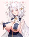  1girl andante azur_lane bare_shoulders braid breast_curtains breasts character_name china_dress chinese_clothes dress eyebrows_visible_through_hair flower grey_dress hair_between_eyes hair_ornament highres large_breasts medium_hair neckwear_between_breasts pulled_by_self red_eyes revealing_clothes see-through_sleeves sheer_clothes side_braid simple_background sirius_(azur_lane) sirius_(azure_horizons)_(azur_lane) sleeveless sleeveless_dress solo two-tone_leotard white_hair 