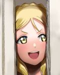  1girl :d a1 birthday blonde_hair braid broken_door crown_braid evil_smile eyelashes glance green_eyes hair_rings here&#039;s_johnny! hole_in_wall looking_to_the_side love_live! love_live!_sunshine!! ohara_mari open_mouth parody portrait smile solo tareme the_shining v-shaped_eyebrows yellow_eyes 