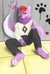  absurd_res anthro canid canine canis claws fur gesture graffiti hair hi_res humanoid male mammal pawpads pointing pointing_at_viewer purple_body purple_fur red_hair sitting solo toes wolf yorulux_fordin 