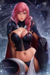  1girl asymmetrical_hair black_panties breasts cape cleavage corset crystal final_fantasy final_fantasy_xiii gloves hand_on_own_knee highres lightning_farron lightning_returns:_final_fantasy_xiii looking_at_viewer navel olga_narhova panties pink_hair sitting smile solo stomach thighhighs toned underwear 