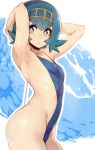  1girl absurdres armpits arms_up bangs blue_hair blue_swimsuit blush bright_pupils casual_one-piece_swimsuit flat_chest from_side hair_ornament highres looking_at_viewer looking_to_the_side one-piece_swimsuit pokemon pokemon_(game) pokemon_sm profile shiny shiny_hair shiny_skin short_hair slugbox solo standing suiren_(pokemon) swimsuit trial_captain 