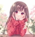  1girl bangs blurry blurry_background braid brown_hair character_request chin_rest copyright_request eyebrows_visible_through_hair gocoli hair_ribbon hair_tie hand_on_own_cheek head_tilt long_hair long_sleeves looking_at_viewer open_mouth outdoors red_eyes red_ribbon red_sweater ribbon sidelocks smile solo sweater tareme 