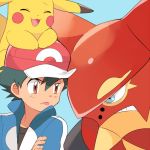  1boy angry baseball_cap black_shirt blue_background blue_eyes blue_jacket brown_eyes clenched_teeth closed_eyes commentary_request eye_contact gen_1_pokemon gen_6_pokemon glaring hat jacket looking_at_another male_focus mei_(maysroom) mythical_pokemon on_head pikachu pokemon pokemon_(anime) pokemon_(creature) pokemon_m19 pokemon_on_head pokemon_xy_(anime) red_headwear satoshi_(pokemon) shirt simple_background teeth tongue tongue_out upper_body volcanion |3 