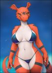  2020 4_fingers anthro bikini breasts claws clothed clothing digimon digimon_(species) female fingers front_view guilmon head_wings hi_res looking_at_viewer markings navel smile solo standing swimwear teeth text url vader-san wings 