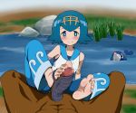  1boy 1girl bangs blue_eyes blue_hair blue_pants blue_sailor_collar blush censored clothed_female_nude_male commentary_request dark_skin dark_skinned_male feet flip-flops footjob gen_7_pokemon grass hairband interracial looking_at_viewer mosaic_censoring no_sclera nude one-piece_swimsuit pants penis phb pokemon pokemon_(creature) pokemon_(game) pokemon_sm popplio sailor_collar sandals shirt short_hair sleeveless smile soles spread_legs suiren_(pokemon) swimsuit swimsuit_under_clothes toenails toes trial_captain water 