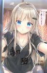  1girl :o bangs bat_hair_ornament black_shirt blue_eyes blush clothes_writing collarbone commentary_request eyebrows_visible_through_hair grey_hair hair_ornament highres indoors little_busters! long_hair looking_at_viewer maruma_(maruma_gic) noumi_kudryavka parted_lips shirt short_shorts short_sleeves shorts signature solo squiggle translation_request v-shaped_eyebrows very_long_hair white_shorts 